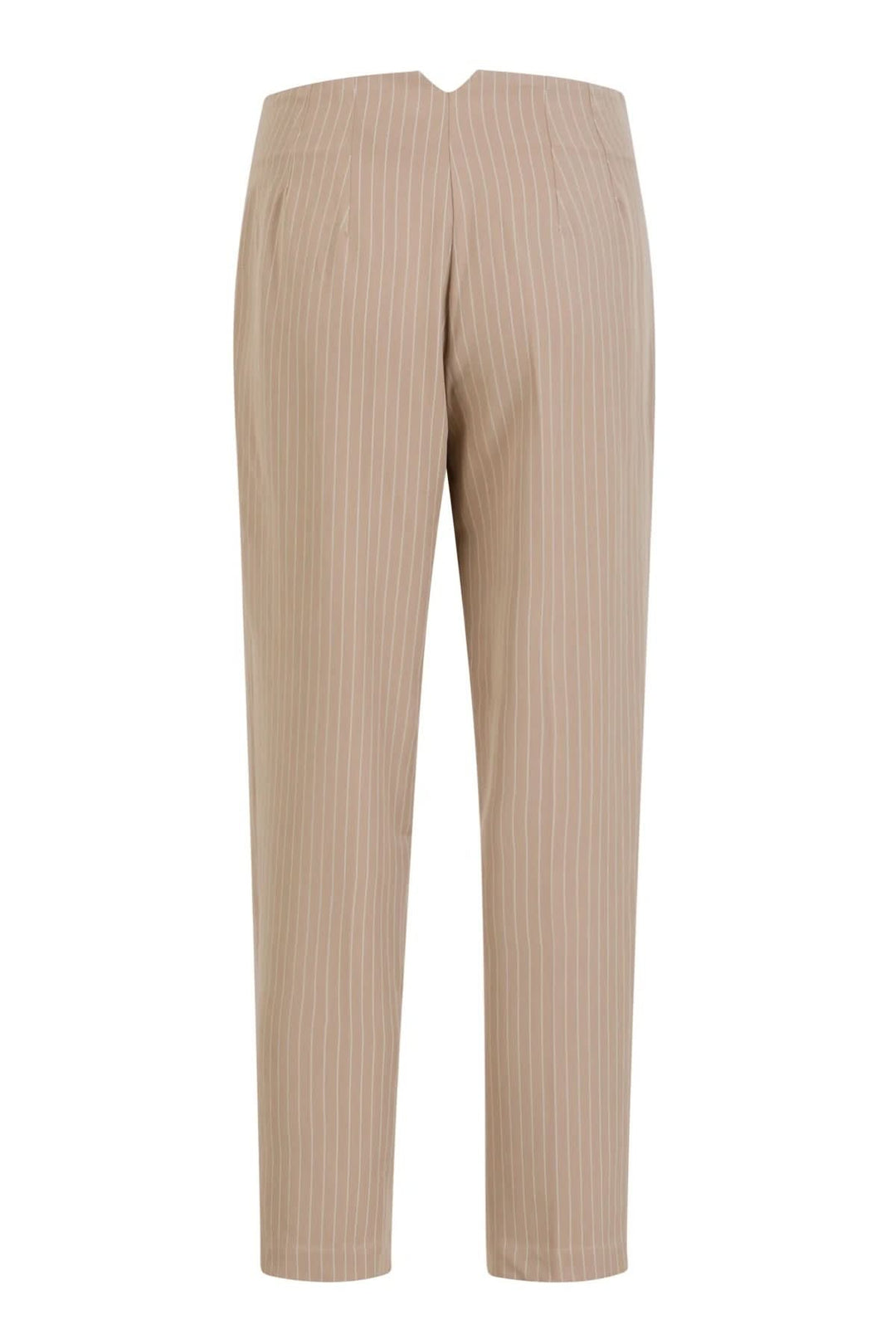 Pantalon Stella beige à rayures, avec coupe confortable et fermeture éclair discret, vu de dos.
