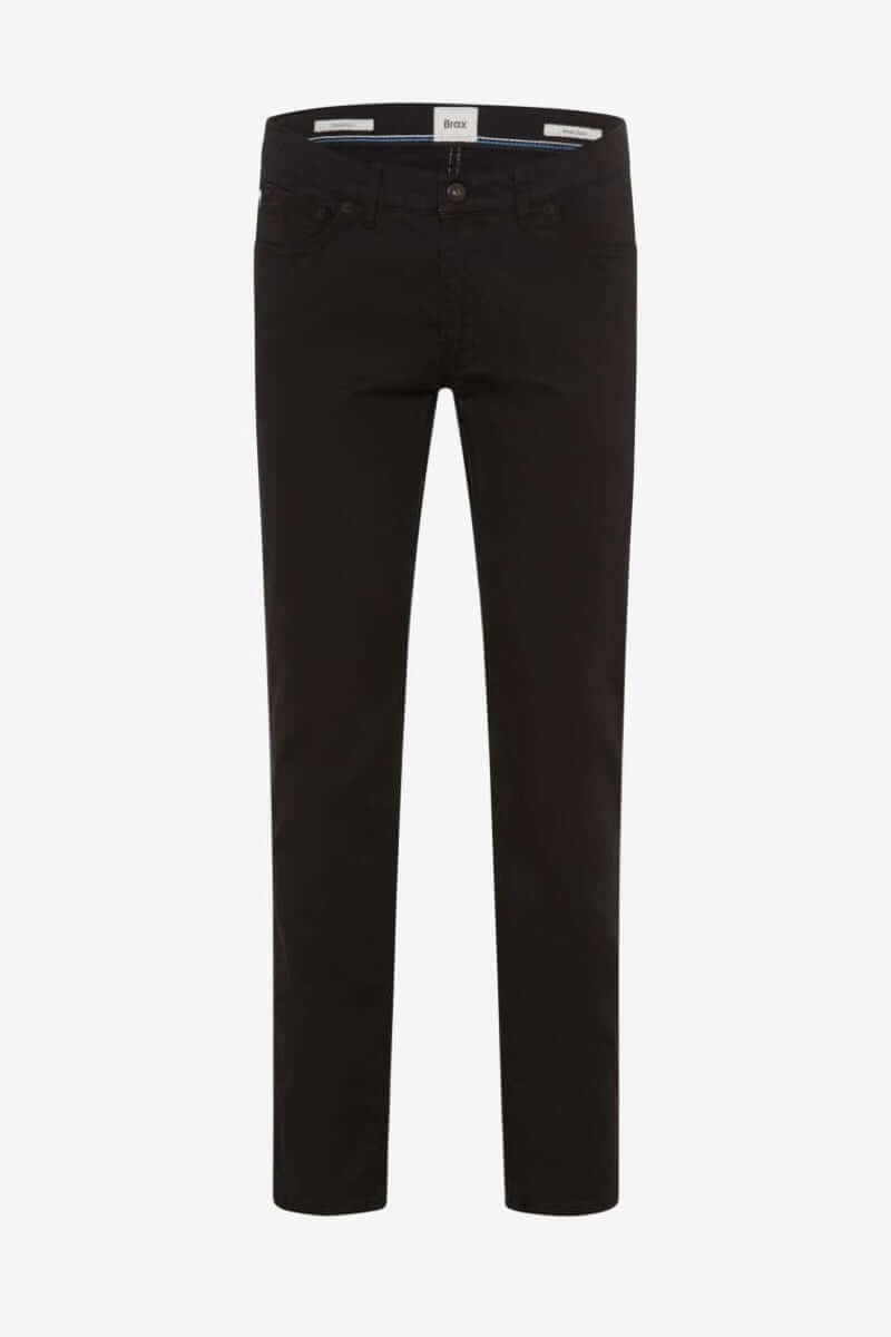 Pantalon cinq poches noir à la coupe moderne, tissu extensible pour un confort optimal au quotidien.