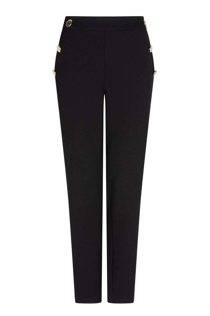 Pantalon classique à jambe droite en polyester avec boutons dorés et poches latérales.
