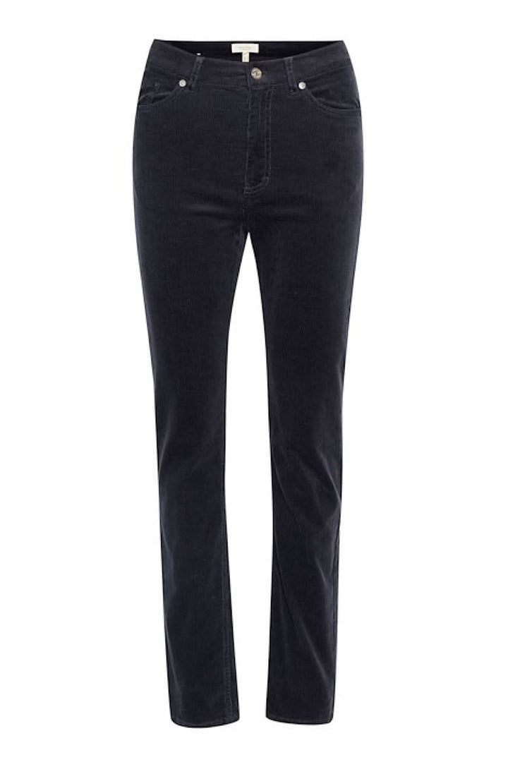 Pantalon en corduroy noir à jambe droite, taille haute, 5 poches, légèrement extensible.