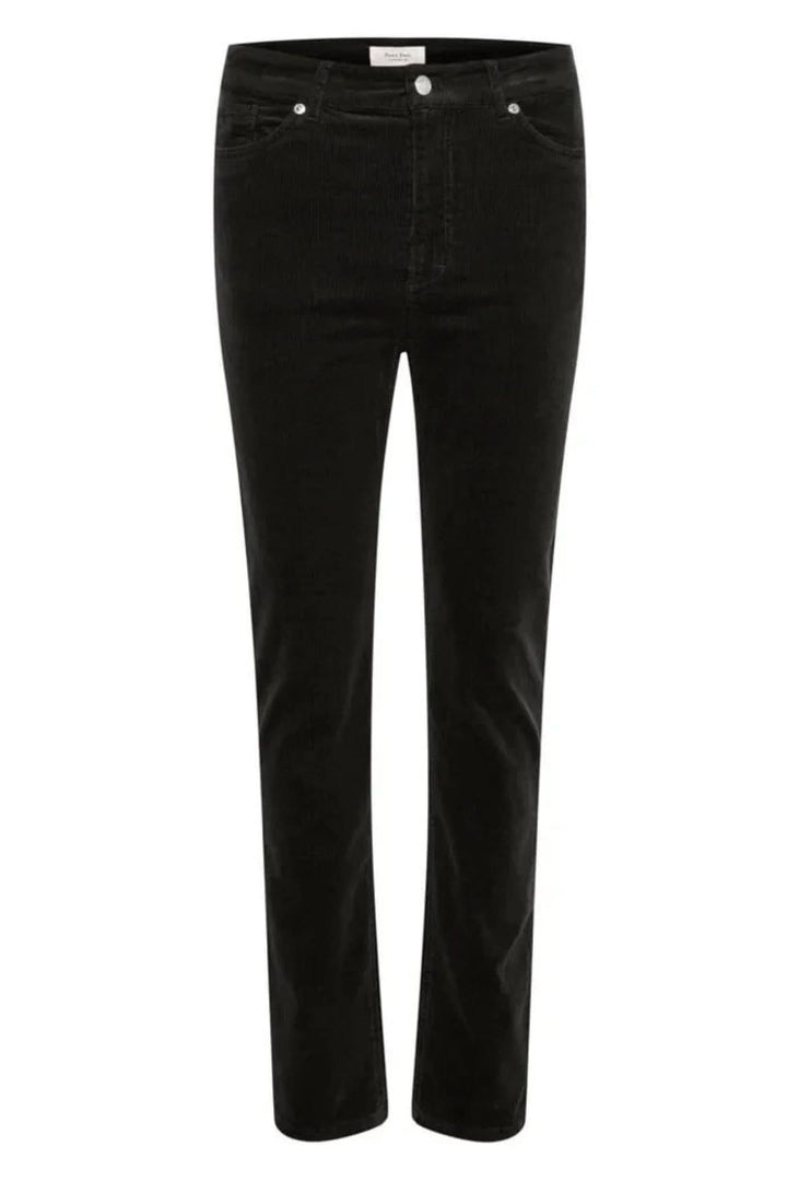 Pantalon en velours côtelé noir, coupe droite, 5 poches, légèrement extensible, taille haute, idéal pour un style décontracté.