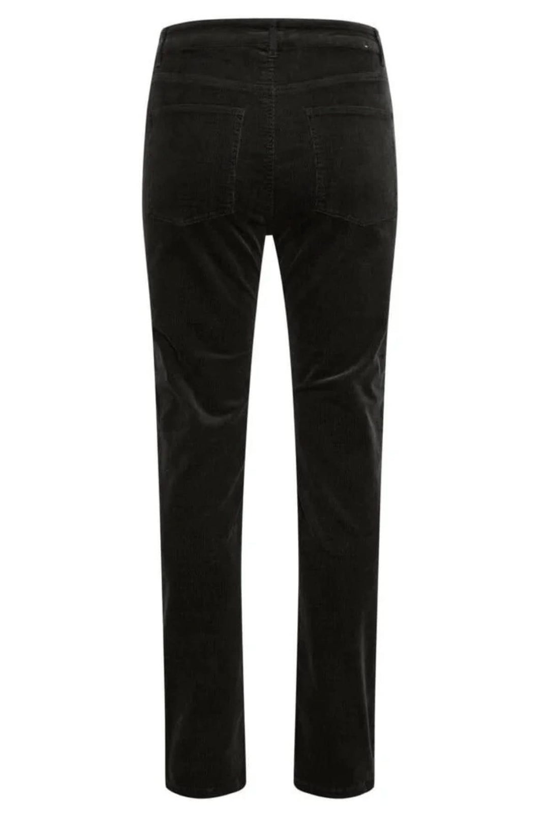 Vue arrière du pantalon en corduroy Rana, taille haute, jambe droite, couleur noire.