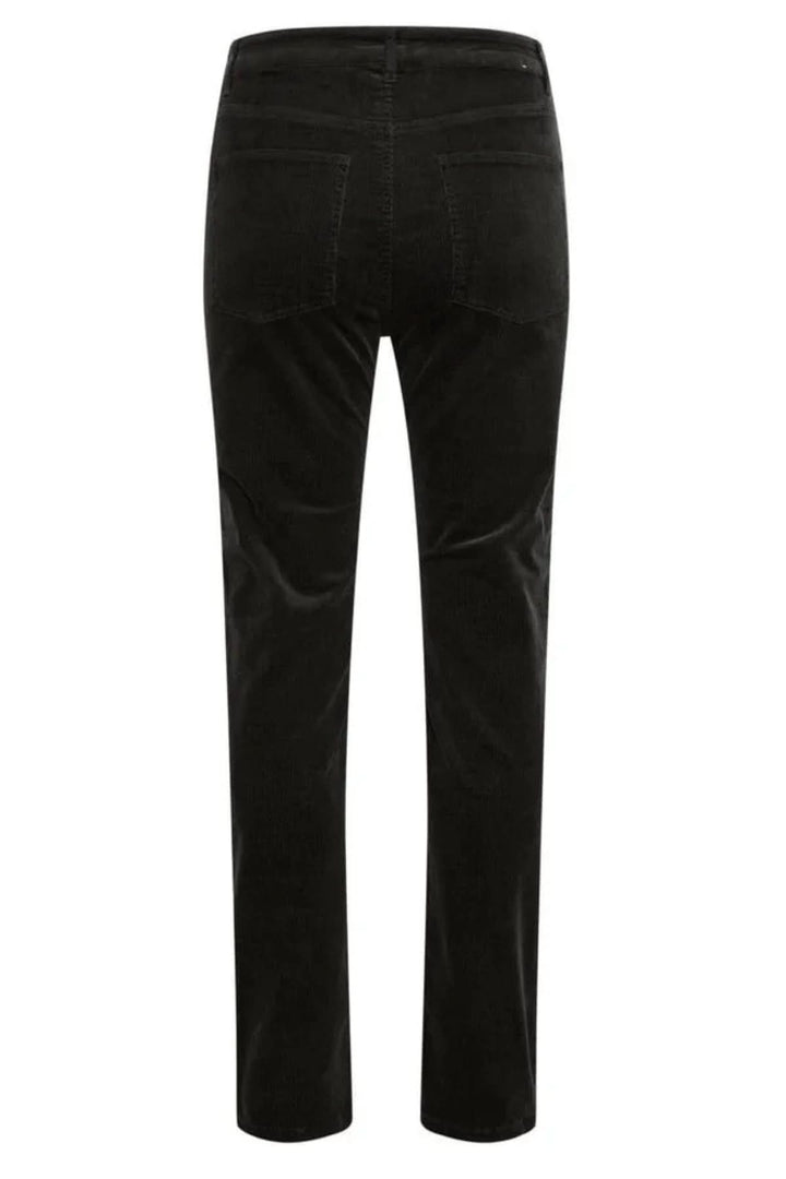 Vue arrière du pantalon en corduroy Rana, taille haute, jambe droite, couleur noire.