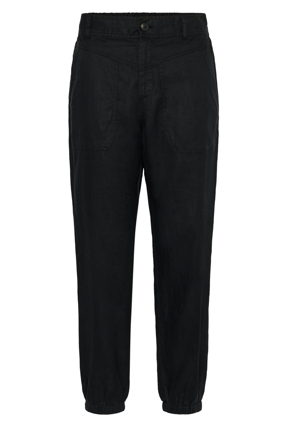 Pantalon en lin Shenas noir, ample avec chevilles élastiques, poches avant, taille élastique au dos, style décontracté.