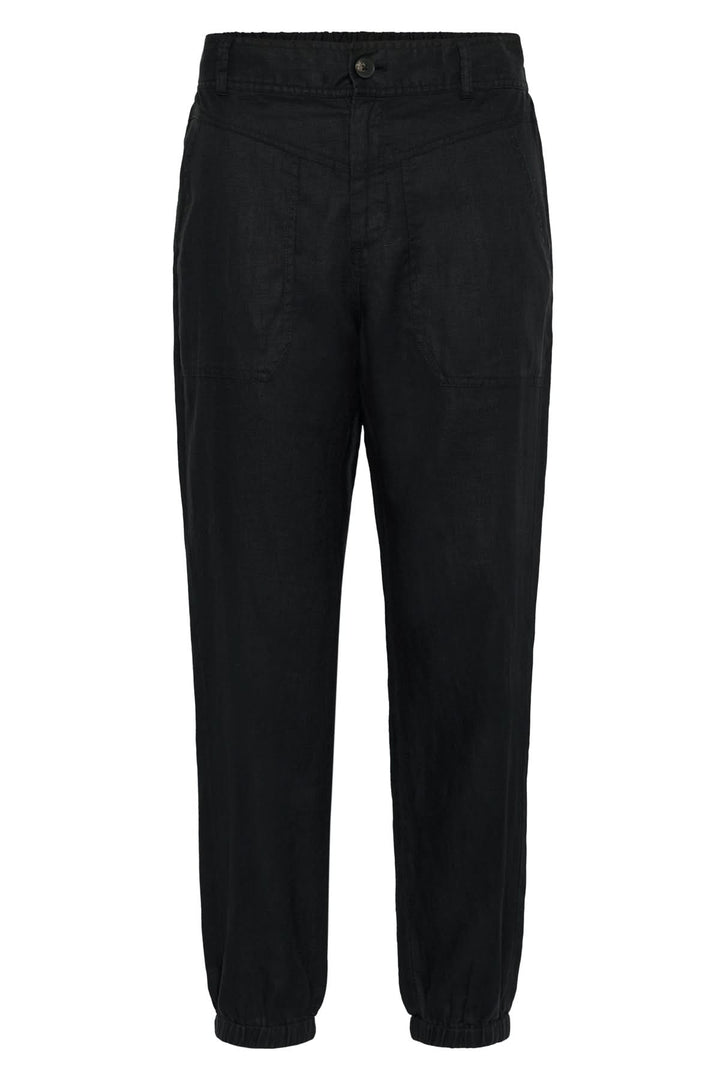 Pantalon en lin Shenas noir, ample avec chevilles élastiques, poches avant, taille élastique au dos, style décontracté.