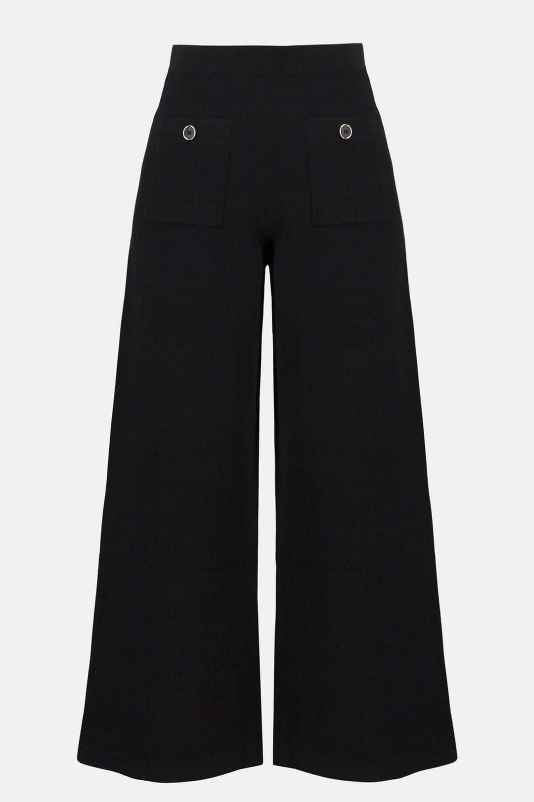 Pantalon noir en tricot ample avec taille haute et poches décoratives. Style fluide et jambe large.