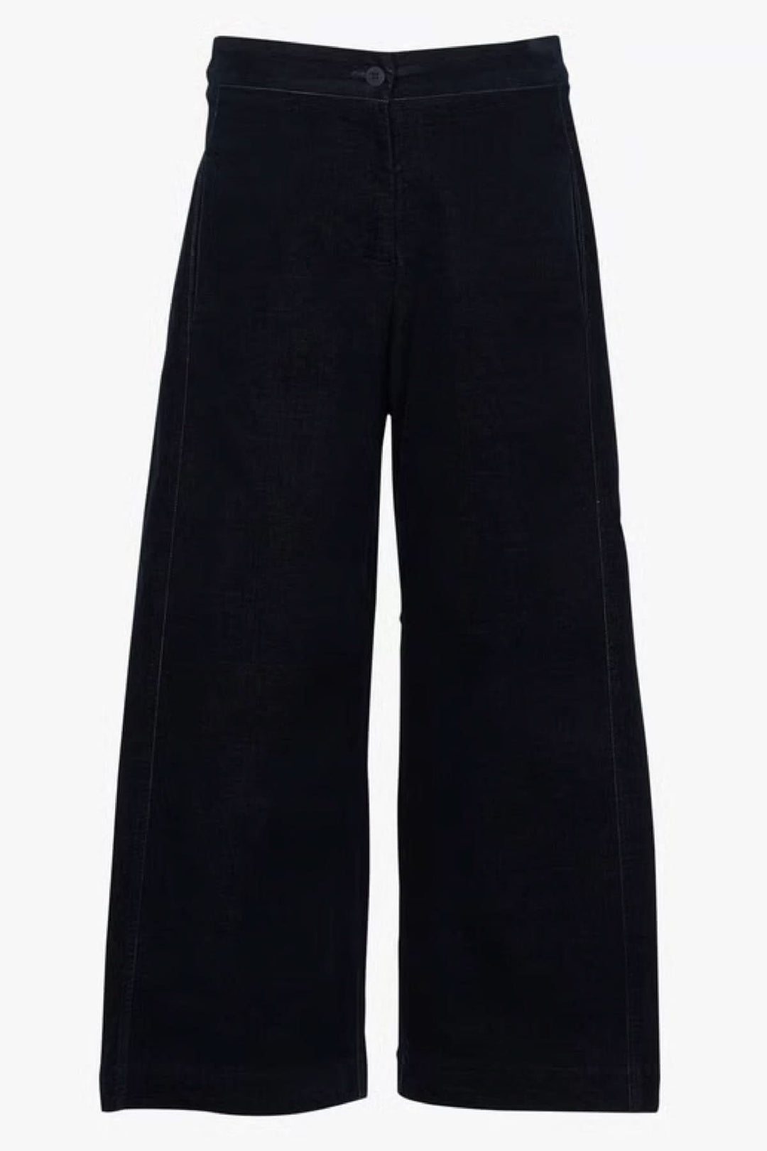 Pantalon en velours côtelé noir à coupe large et raccourcie, idéal pour l'automne et l'hiver. Taille classique élégante.