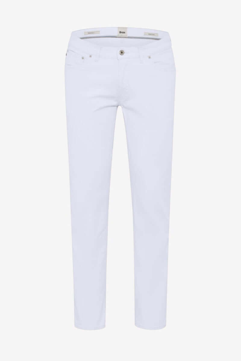 Pantalon jambe droite blanc, style soigné, tissu extensible pour un confort tout au long de la journée.