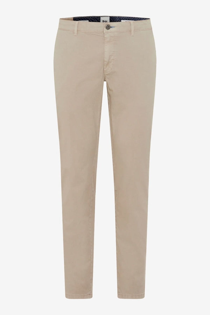 Pantalon à jambe droite Silvio, en toile légère et extensible, couleur beige, idéal pour les tenues estivales décontractées.