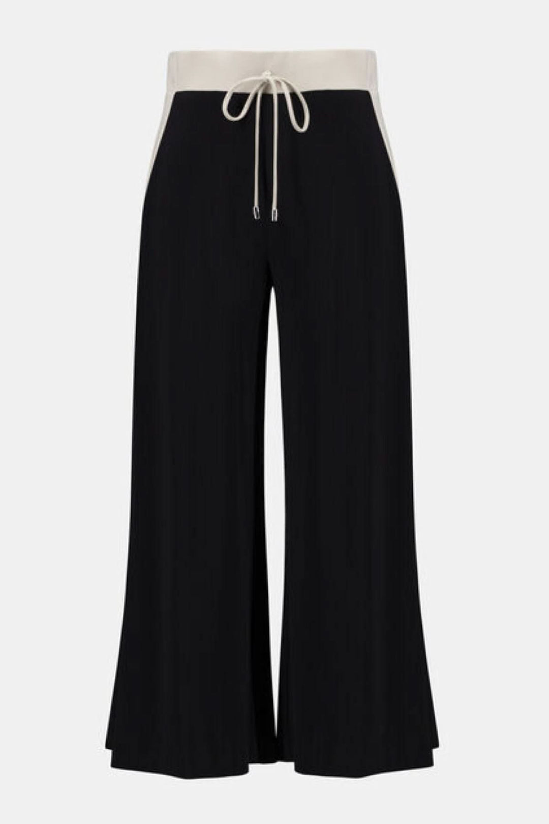 Pantalon à jambe large avec taille contrastante et cordon ajustable, tissu fluide et extensible pour un look chic décontracté.