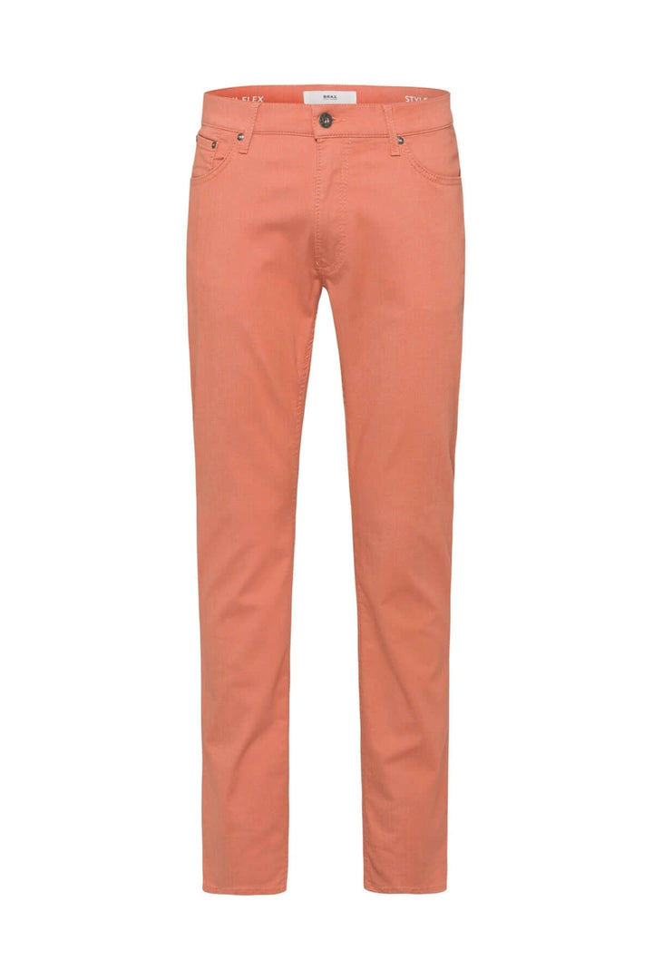 Pantalon à taille élastique doux en couleur corail, coupe droite, adapté pour le confort quotidien et les sorties décontractées.