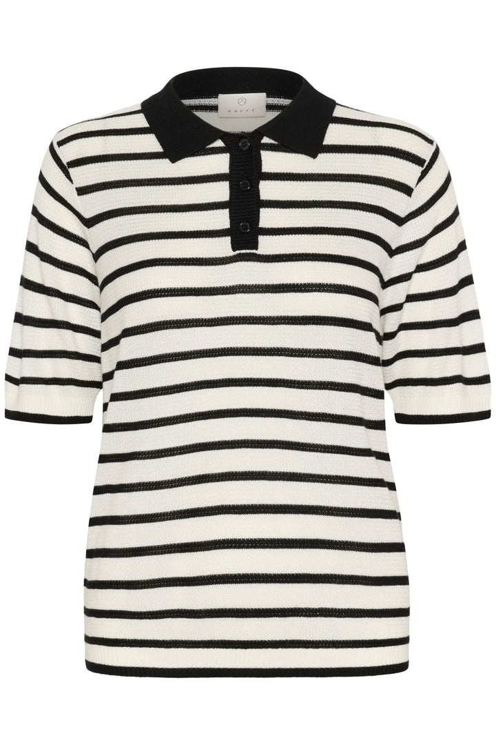 Polo Amalia en maille rayée noire et blanche avec col contrastant et patte de boutonnage à quatre boutons.