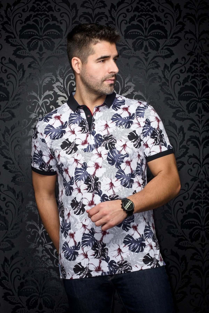 Polo Campari à motifs tropicaux bleutés, parfait pour un look décontracté d'été.