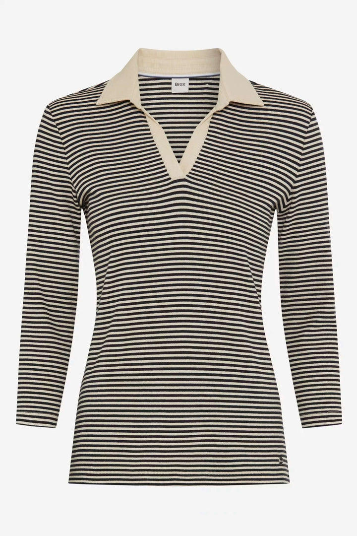 Polo Cleo à rayures avec col contrasté et encolure en V, élégant et moderne, manches trois-quarts.