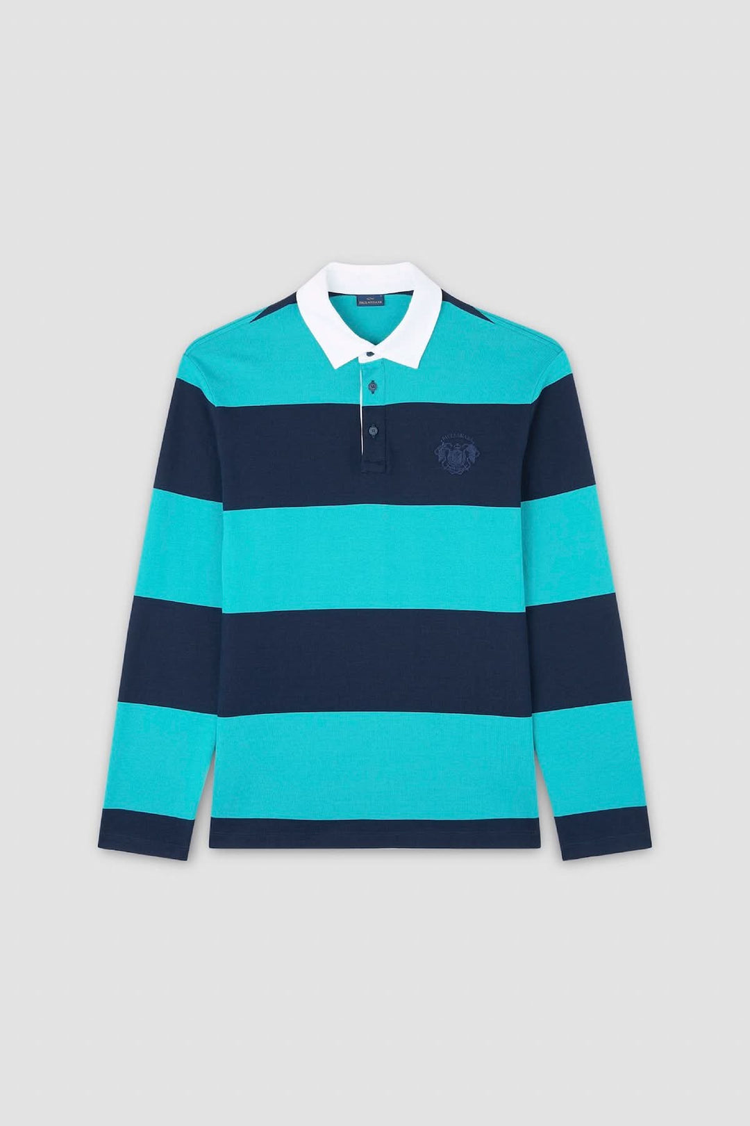 Polo rugby à manches longues avec rayures turquoise et navy, col blanc, style décontracté et sportif.