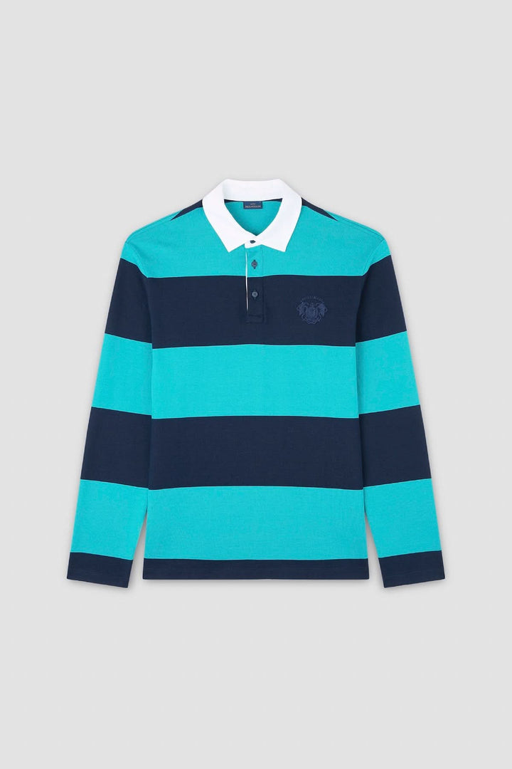 Polo rugby à manches longues avec rayures turquoise et navy, col blanc, style décontracté et sportif.