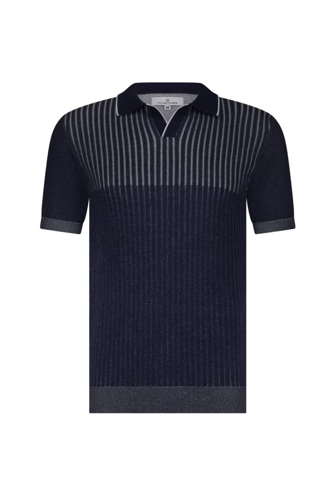 Polo côtelé à manches courtes, rayures texturées en dégradé vertical, col classique, maille légère et élégante.