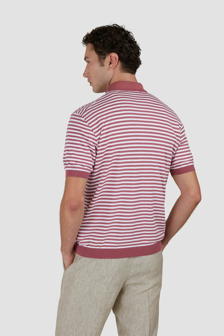 Polo en coton à rayures bicolores avec col contrasté, vue arrière sur un homme en tenue décontractée.