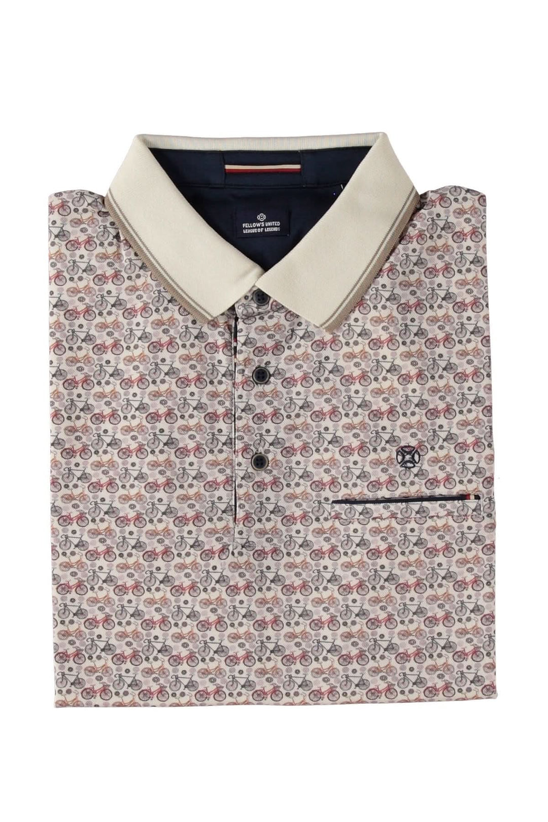 Polo à manches courtes avec motif de vélos, col contrastant et poche poitrine, style décontracté masculin.