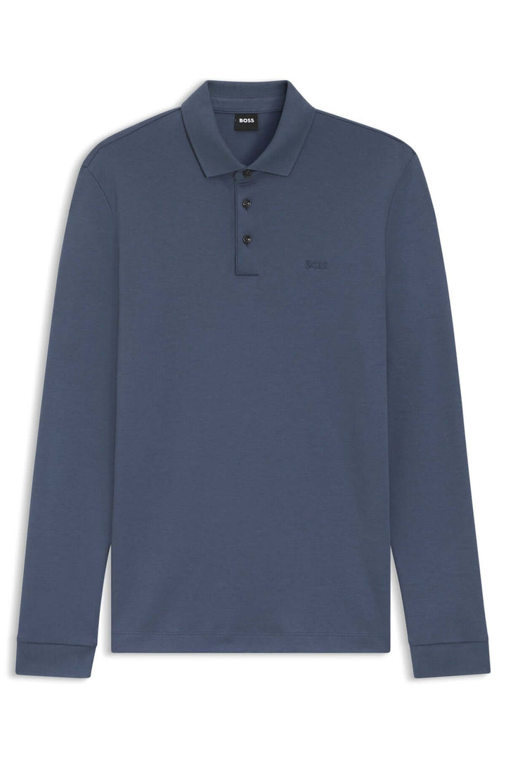 Polo manches longues Pado en coton interlock bleu avec col plat et patte à trois boutons pour un style élégant et décontracté.