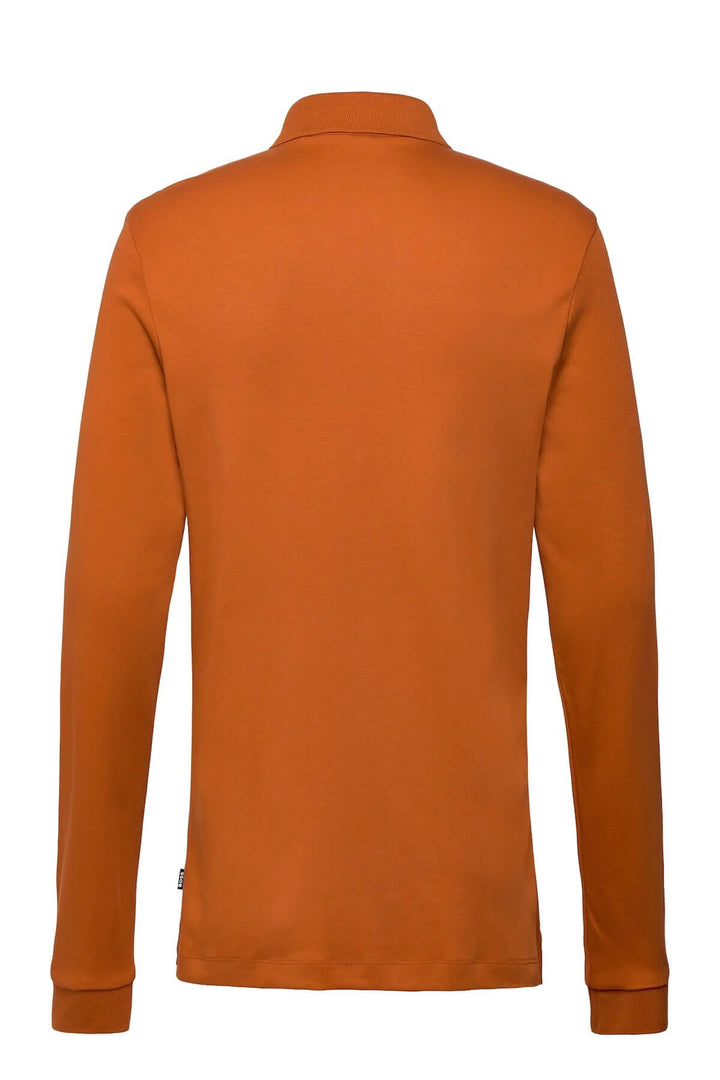 Polo manches longues Pado, vue arrière, couleur orange, col plat, style élégant décontracté BOSS, en coton interlock doux et dense