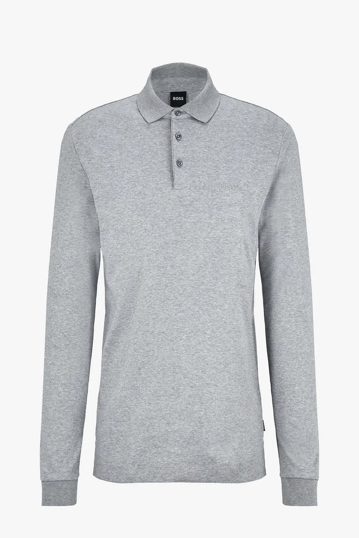Polo manches longues Pado en coton gris avec col plat et patte à trois boutons, coupe régulière élégante et polyvalente.