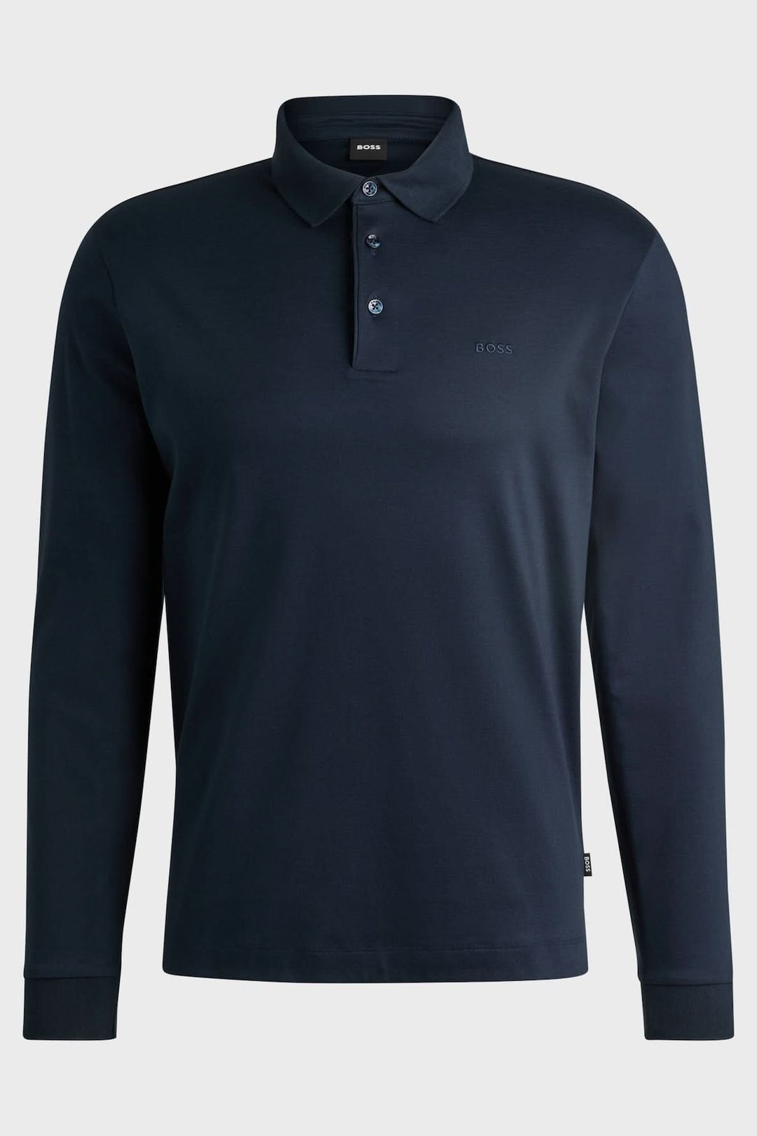 Polo masculin à manches longues en coton, couleur bleu marine, avec logo ton sur ton, coupe régulière.