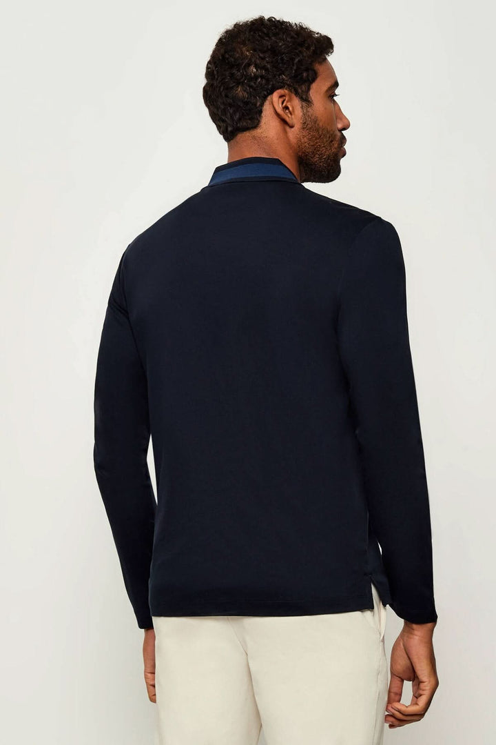 Homme portant un Polo slim fit à manches longues BOSS avec col côtelé, vu de dos, couleur bleu marine, style chic et décontracté.
