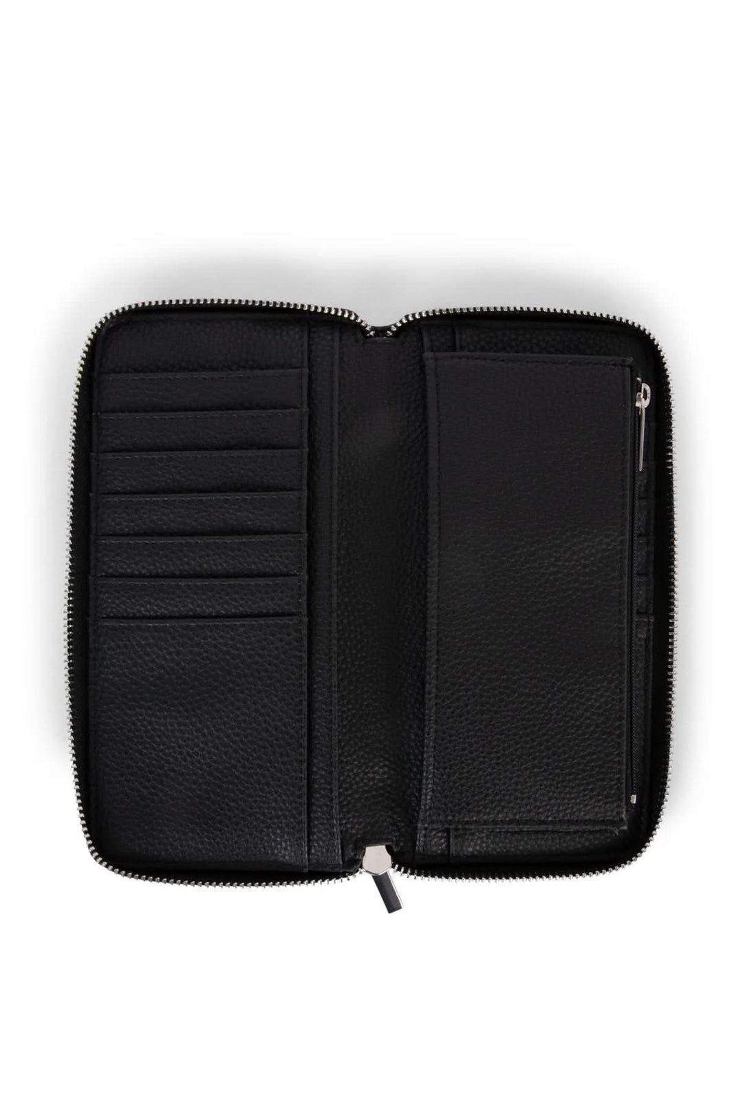 Intérieur d'un porte-feuilles zippé noir avec rangements pour cartes et monnaie, design élégant et fonctionnel.