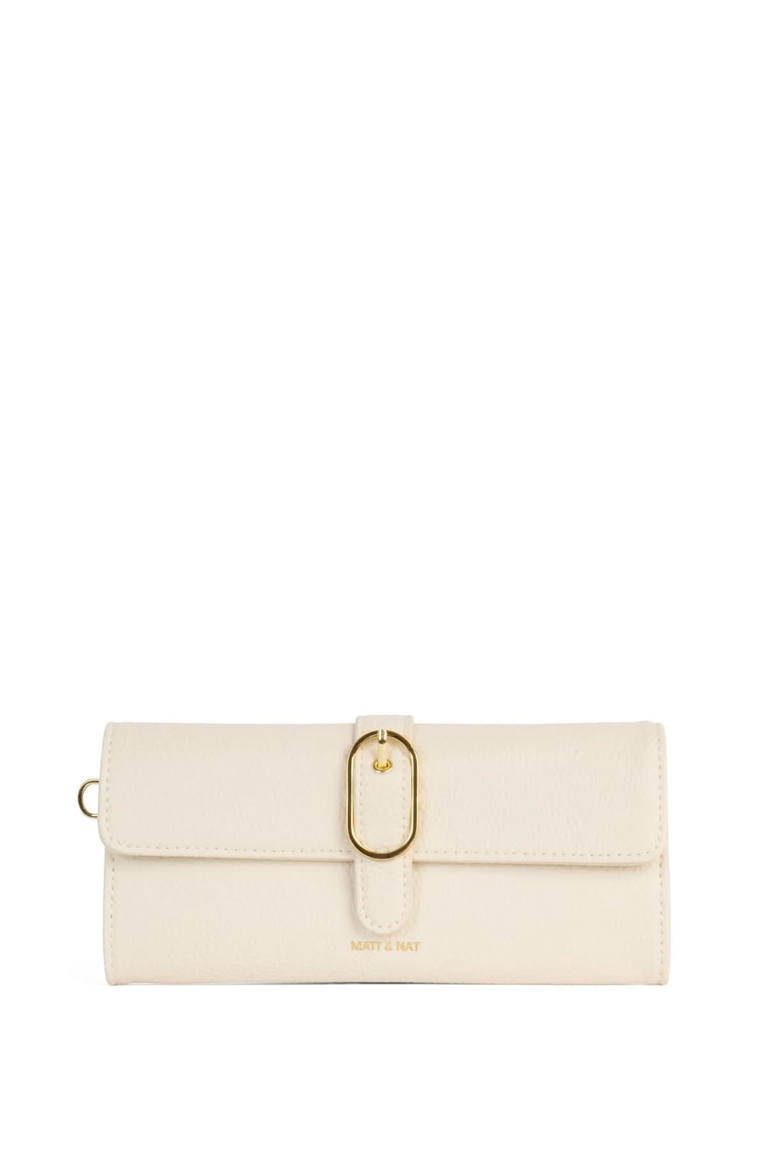 Portefeuille Seun élégant avec rabat et boucle dorée, couleur crème, dimensions 8 1/4 x 4 x 3/4 pouces.