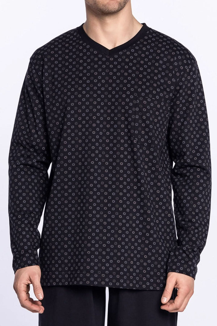 Pyjama Foggy: T-shirt long en coton noir avec motif, col en V et poche poitrine