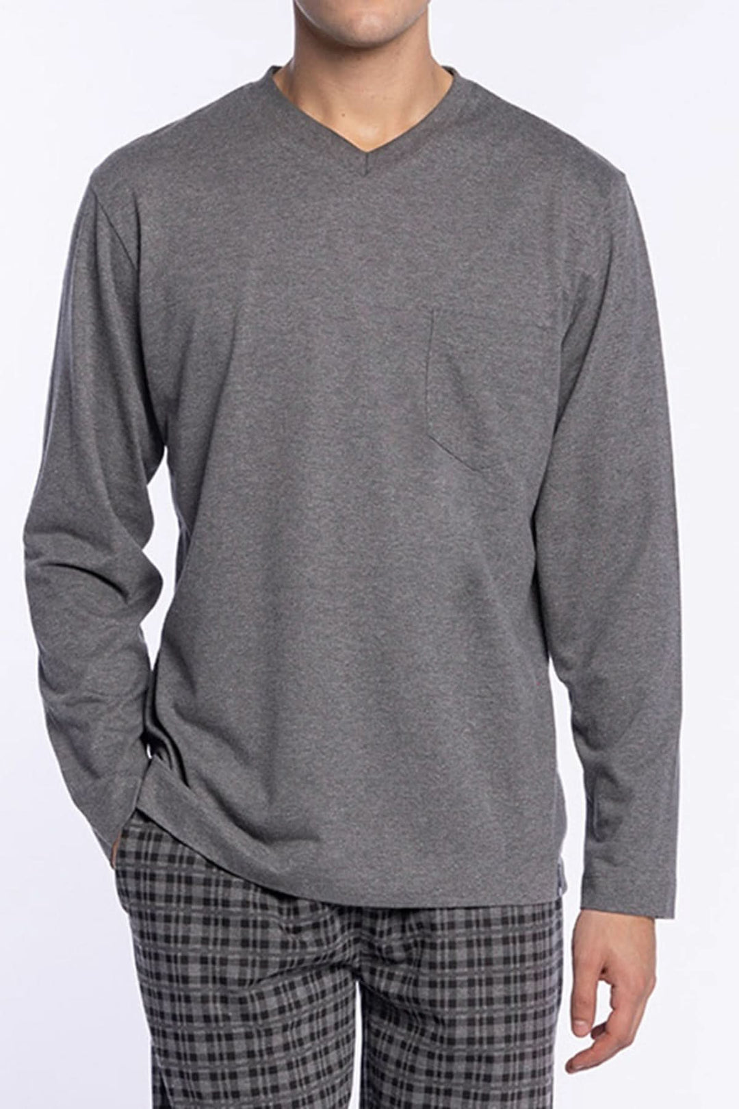 Pyjama Long Minimaliste pour homme en coton, haut gris manches longues col V, pantalon à imprimé, idéal détente et confort.
