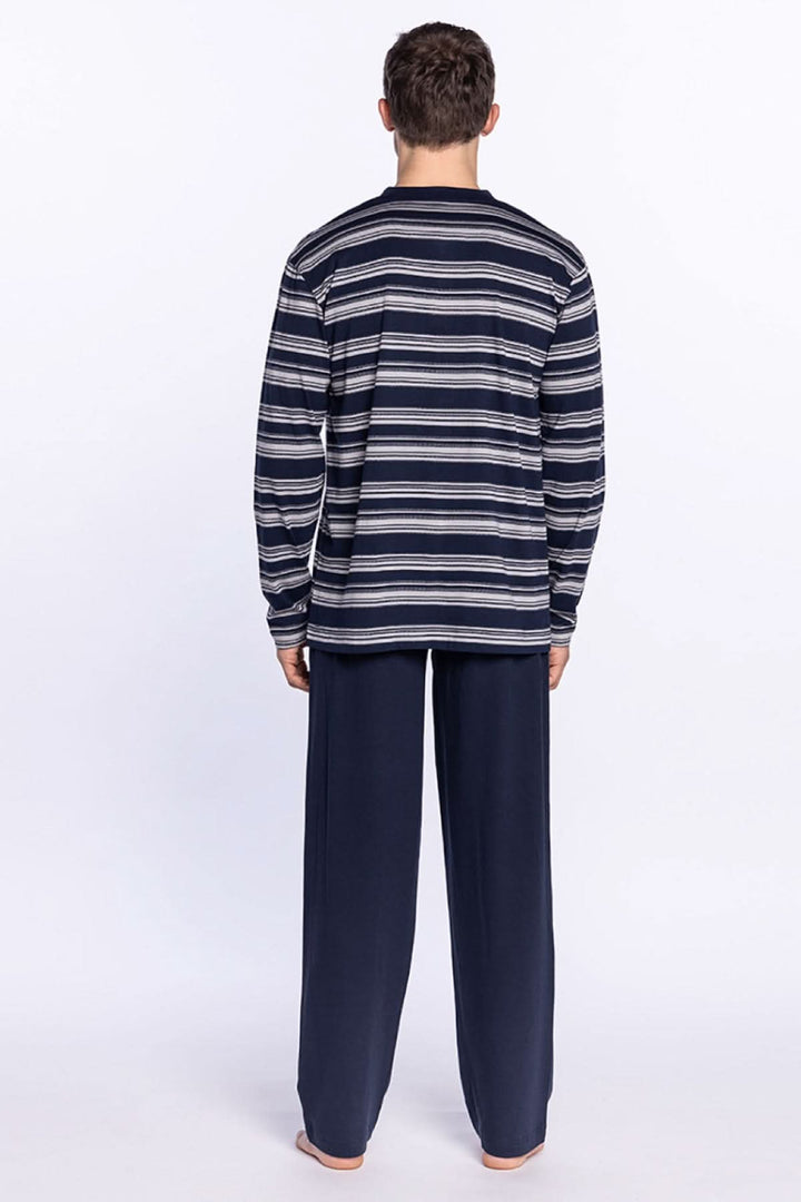 Pyjama rayé pour homme en modal et coton, dos, avec t-shirt à col rond et pantalon long uni.