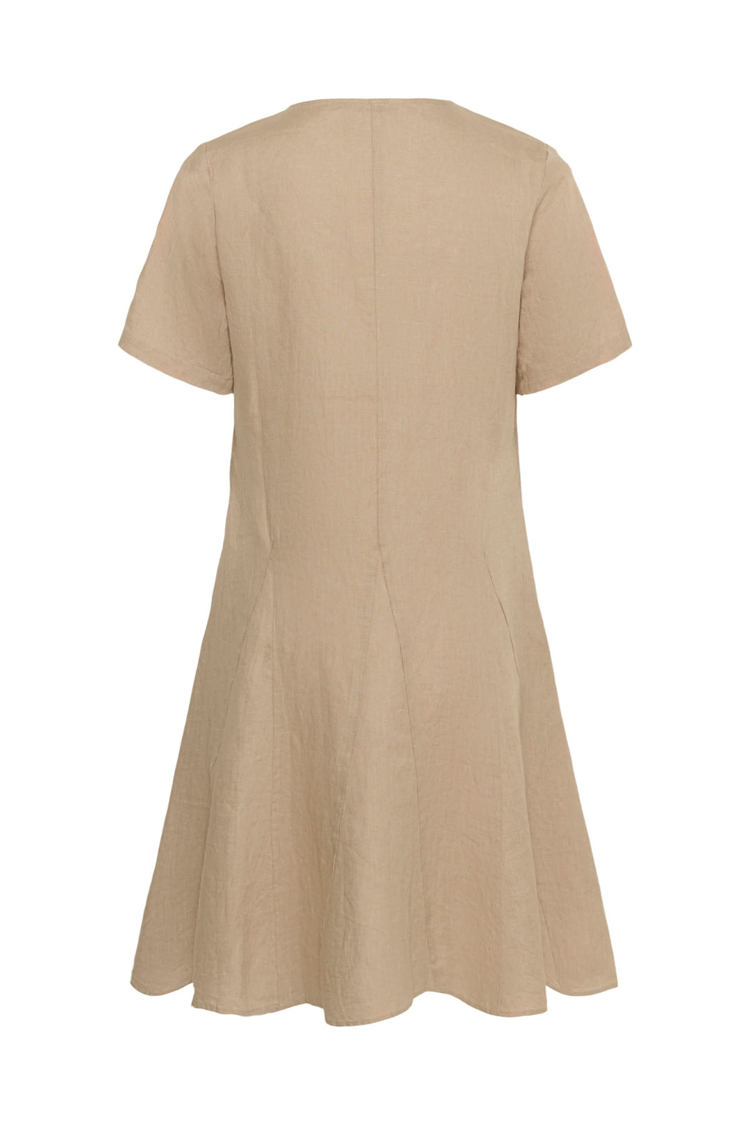 Vue arrière de la Robe Aminasa, robe fluide couleur beige avec coupe légèrement évasée et manches courtes, idéale pour un look élégant.