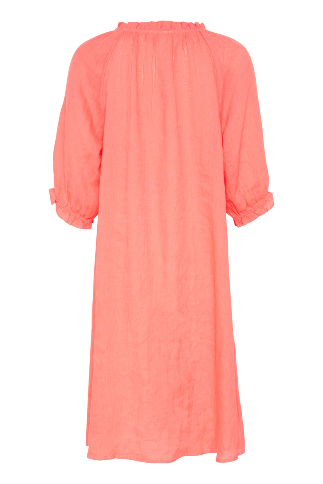 Robe Bellis en lin, décontractée, couleur corail, avec encolure froncée et manches bouffantes.