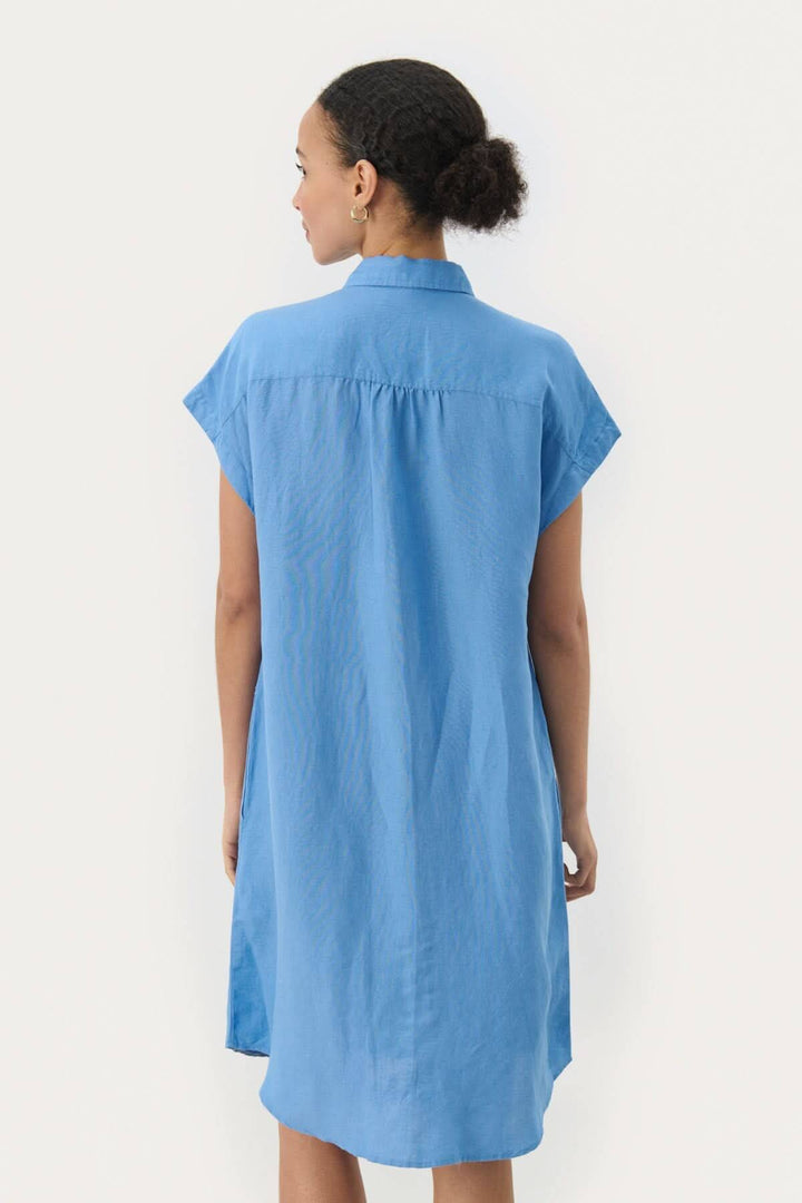 Robe Ellena en bleu, vue arrière, avec col chemise et manches courtes, coupe régulière.