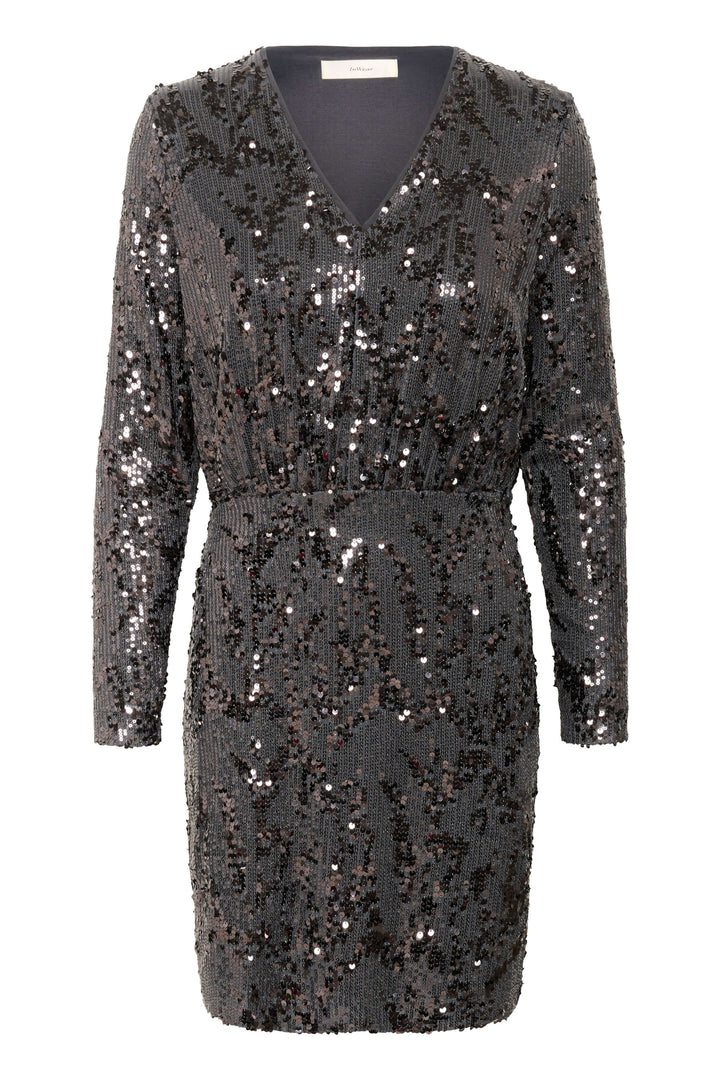 Robe Kimba à paillettes à manches longues avec col en V et coupe droite, idéale pour soirées festives. Décris moi le produit en français.