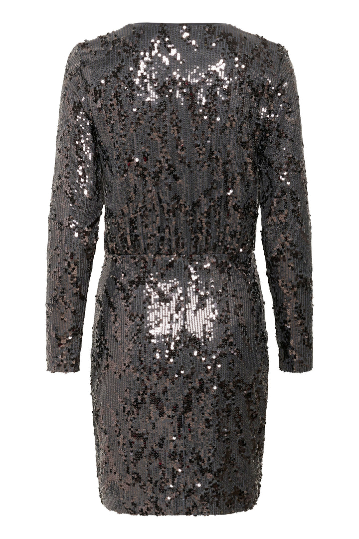 Robe Kimba à paillettes à manches longues, col en V, coupe élégante et glamour, robe sophistiquée pour soirées festives.