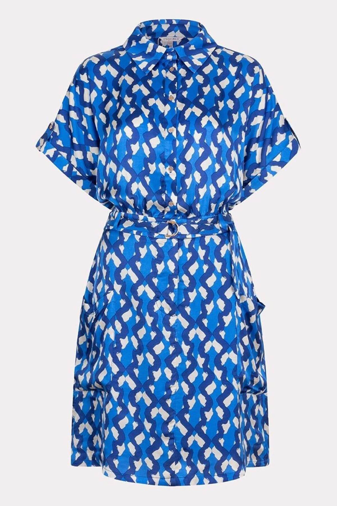 Robe Utopia en satin bleu à imprimé abstrait, manches courtes et taille cintrée, idéale pour un look estival.