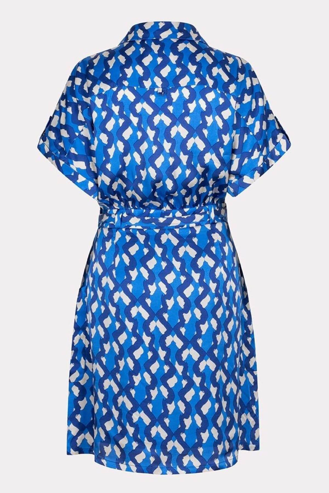 Robe Utopia bleu à imprimé abstrait, dos avec ceinture, élégante et confortable, manches courtes retroussées.