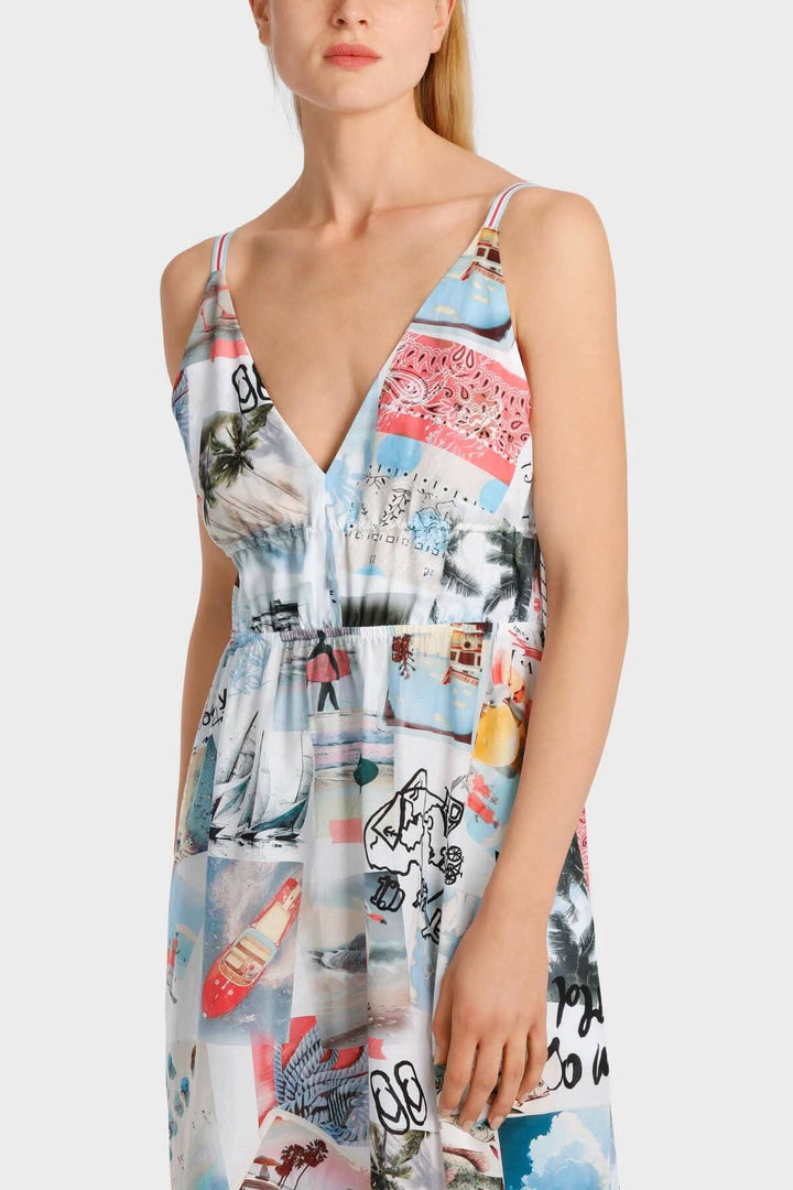 Robe à bretelles avec imprimé coloré, encolure en V et taille élastique, idéale pour un look estival décontracté.