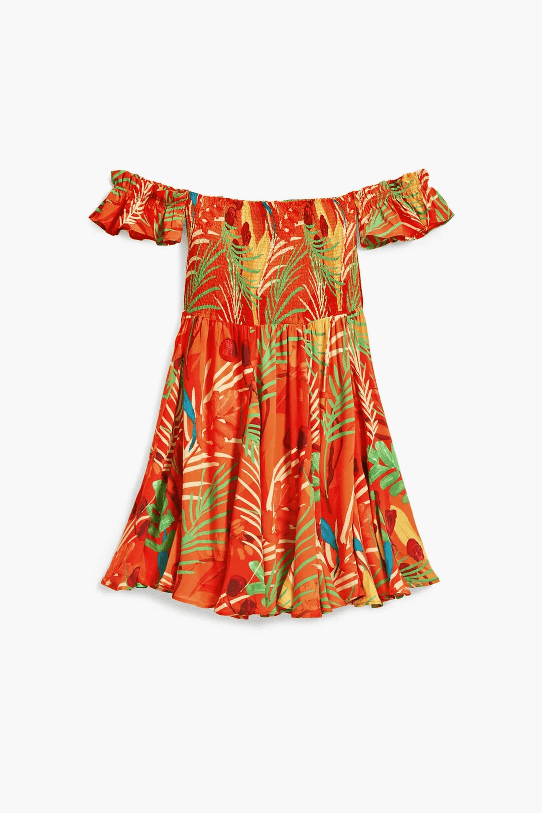 Robe d'été tropicale à imprimé coloré, bustier smocké, manches volantées, idéale pour les journées ensoleillées.