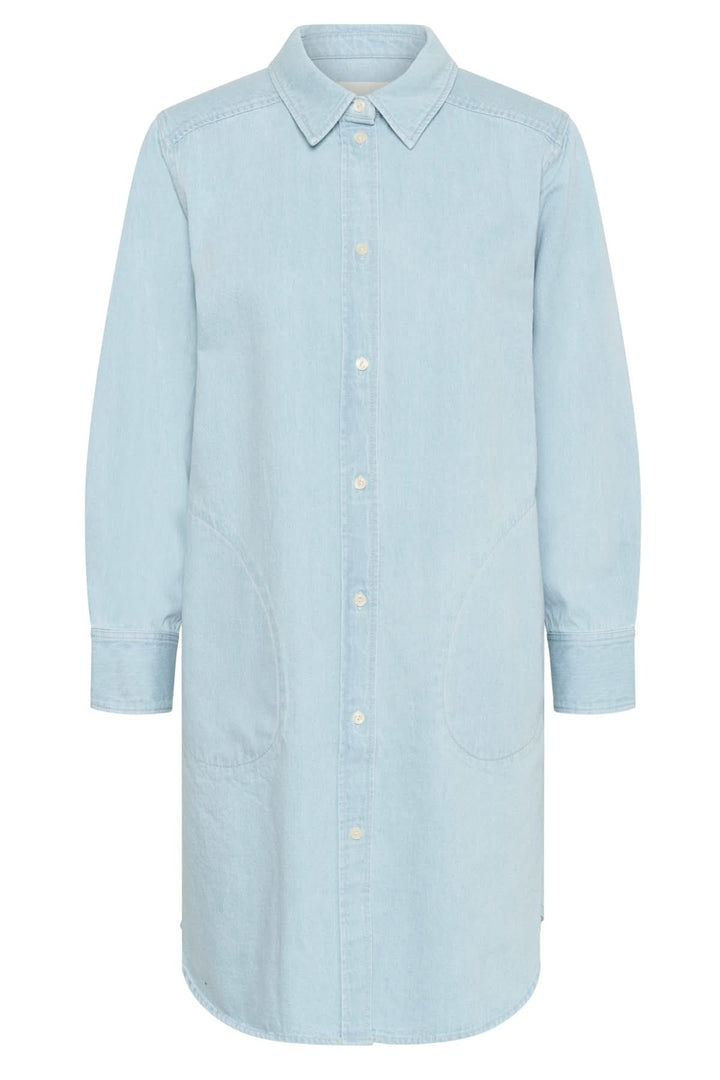 Robe chemisier en denim bleu clair à manches longues et col chemise, longueur jusqu&