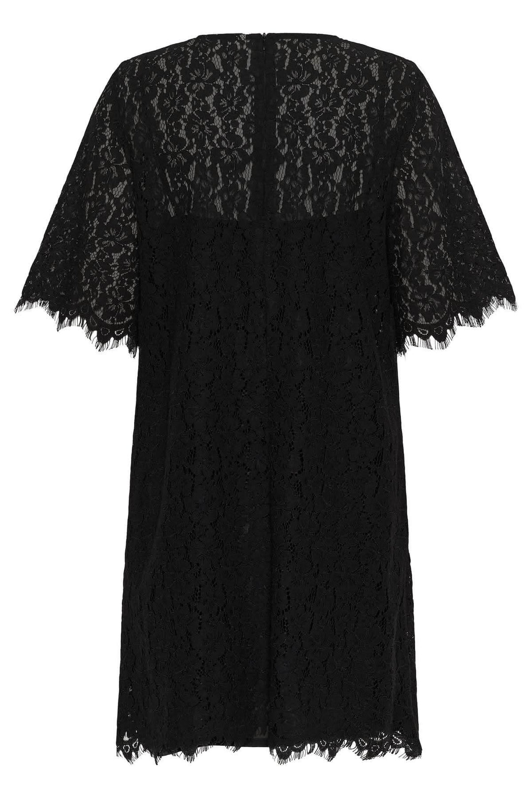 Robe en dentelle Vienne noire avec manches semi-transparentes, coupe évasée, tissu travaillé et doublure douce, vue de dos.