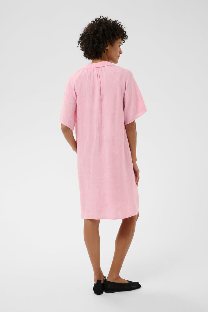 Vue arrière de la Robe en lin Ayla décontractée, rose, longueur au genou, avec détails plissés et encolure ouverte, portée par une personne.