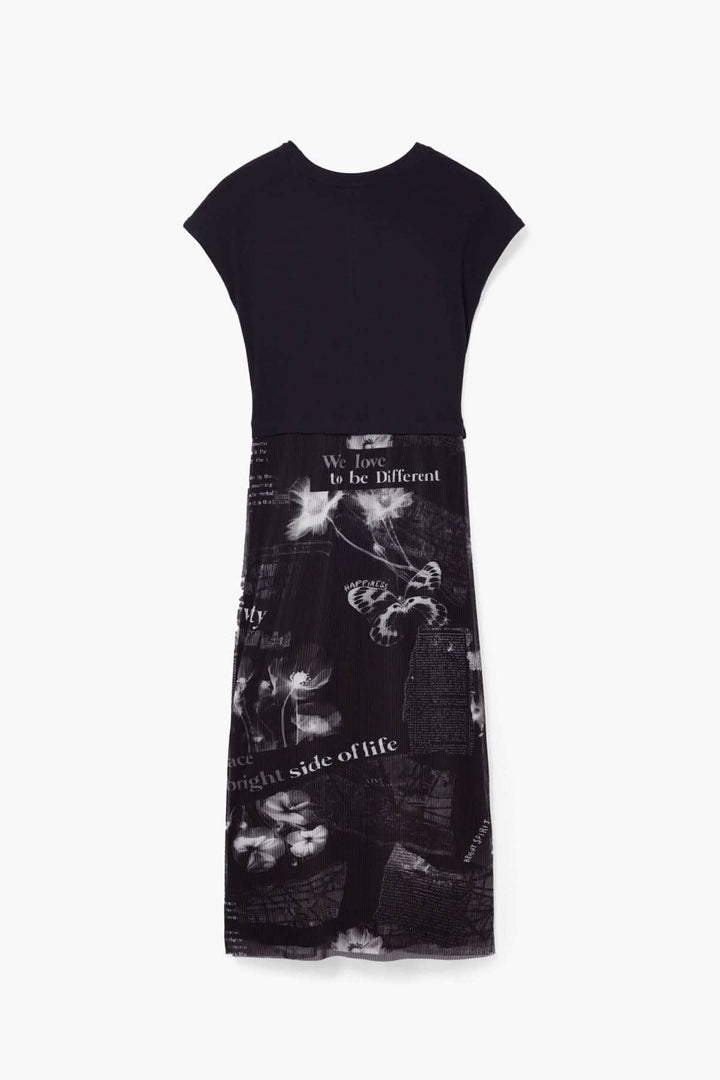 Robe midi noire à manches courtes avec motif graphique et encolure ronde, style chic et décontracté.
