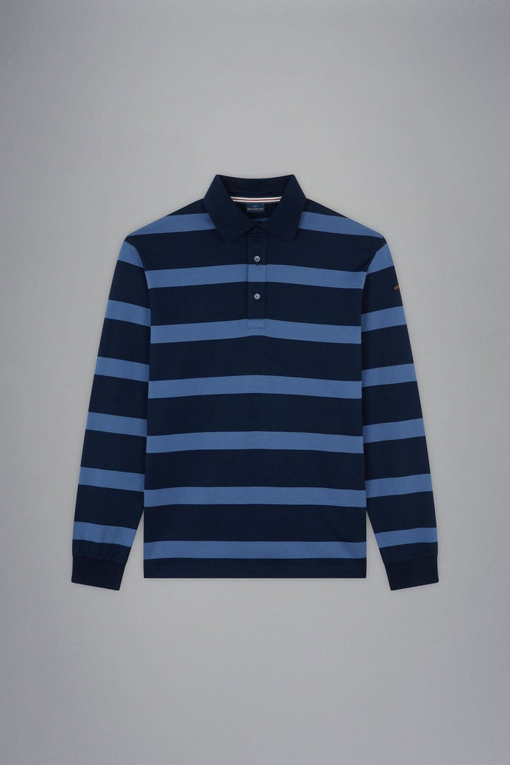 Polo rayé bleu marine et bleu clair, col classique, manches longues, style décontracté et élégant.