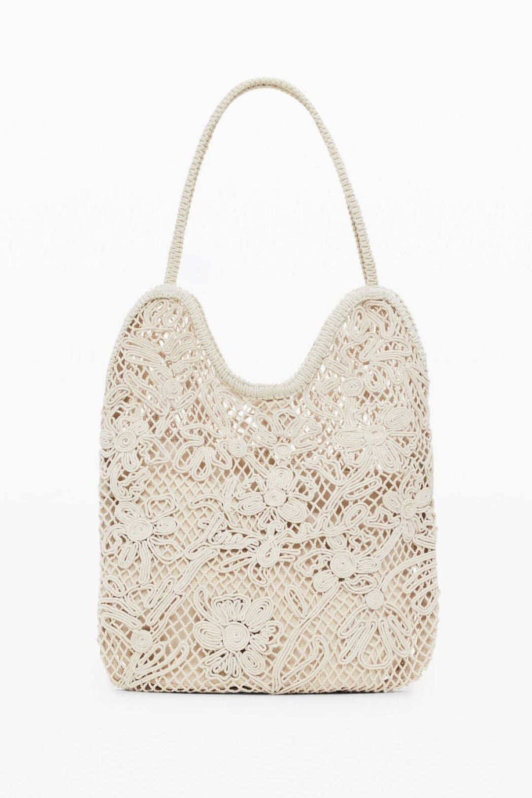 Sac en crochet ajouré avec motifs floraux, anses tressées, parfait pour un look estival bohème.