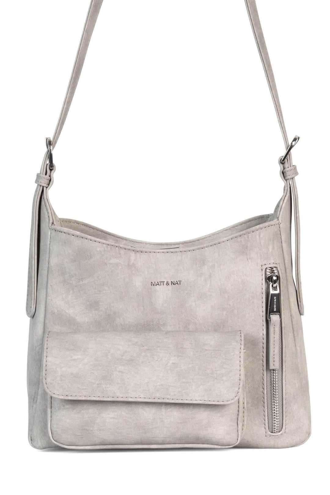 Sac à mains pratique en gris avec poche zippée, bretelle ajustable, et logo en relief.