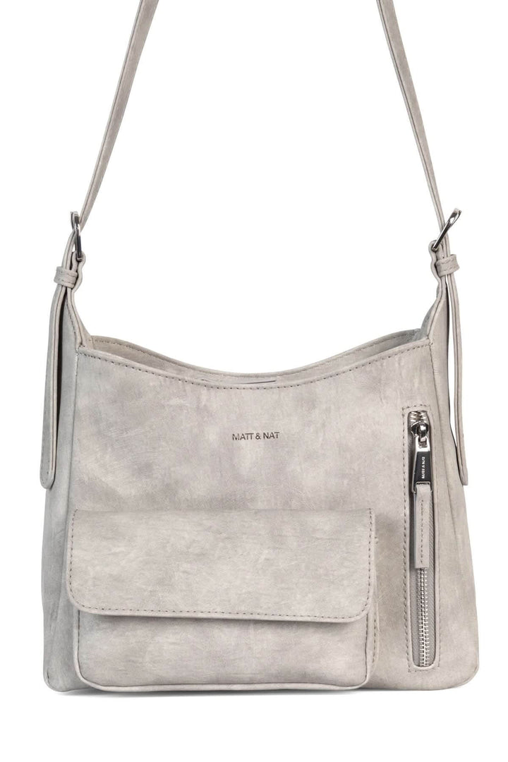 Sac à mains pratique en gris avec poche zippée, bretelle ajustable, et logo en relief.